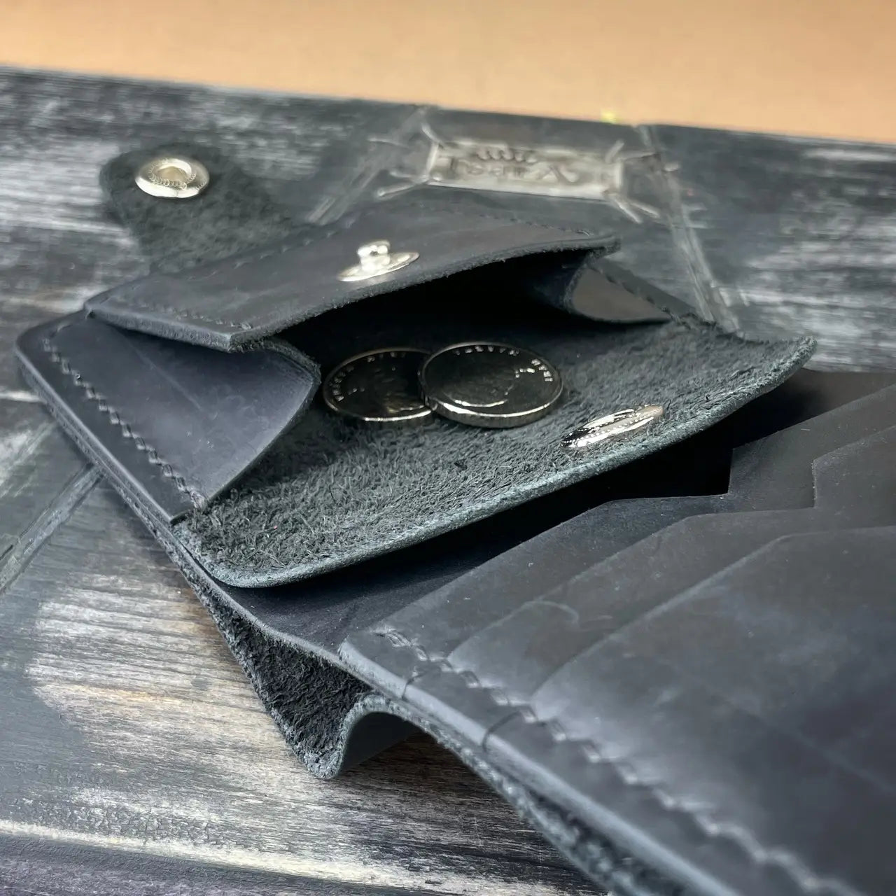 Handmade Black Leather Bifold Wallet "Cube" with Coin Pocket & Snap - Tsar Art (Copy)