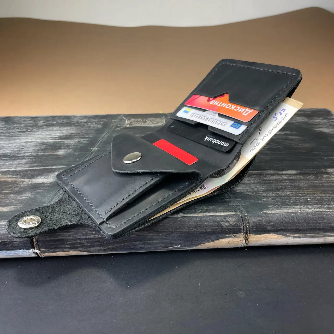 Handmade Black Leather Bifold Wallet "Cube" with Coin Pocket & Snap - Tsar Art (Copy)