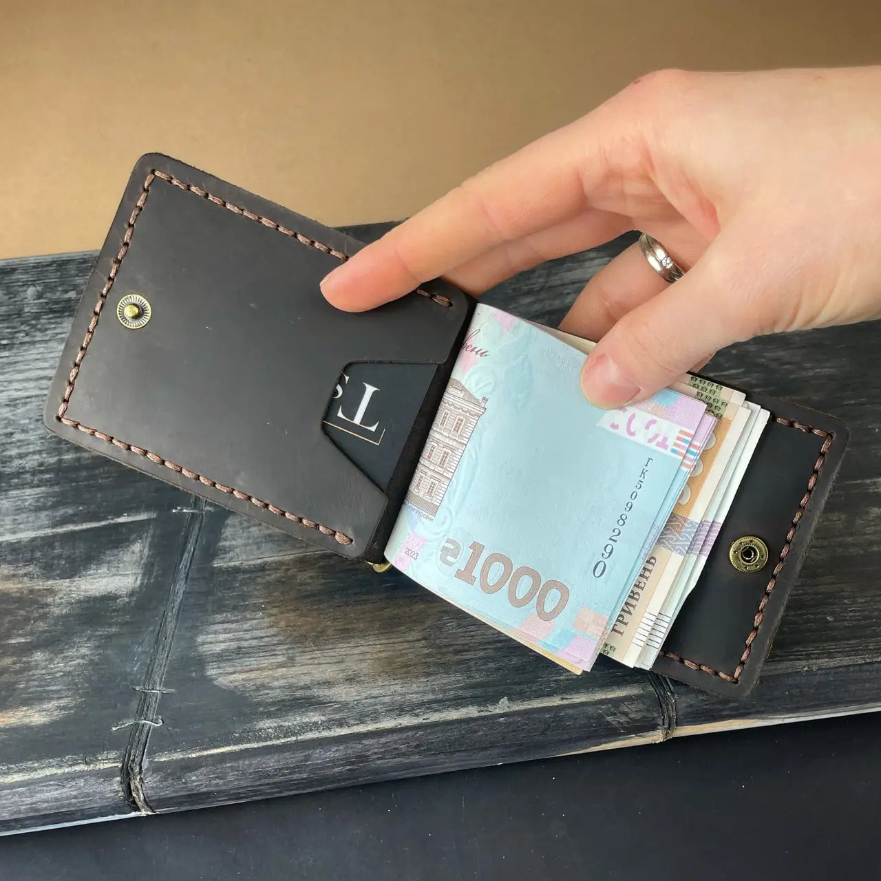 Slim Crazy Horse Leather Money Clip Wallet - Black & Brown