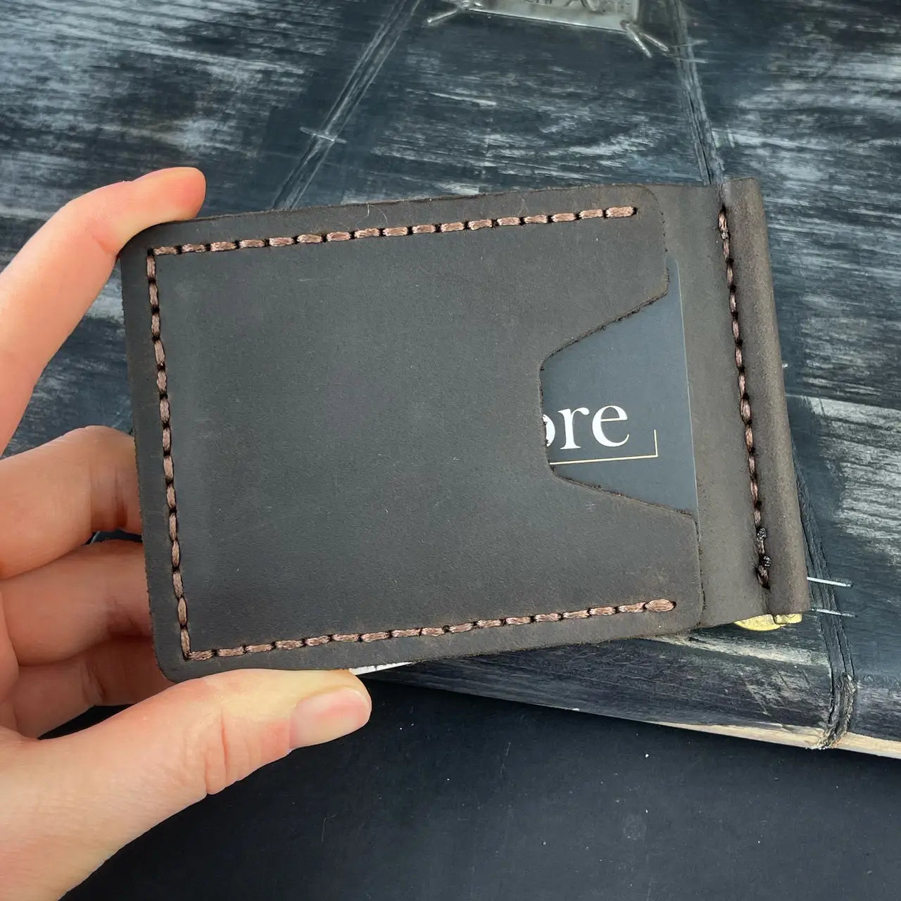 Slim Crazy Horse Leather Money Clip Wallet - Black & Brown