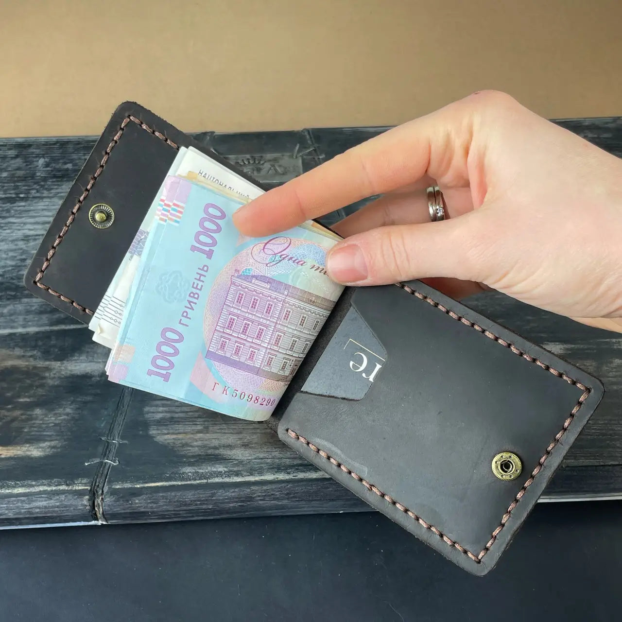 Slim Crazy Horse Leather Money Clip Wallet - Black & Brown