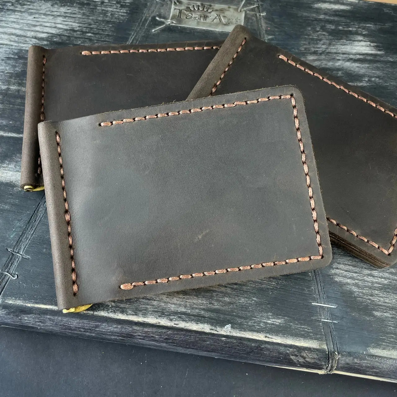 Slim Crazy Horse Leather Money Clip Wallet - Black & Brown