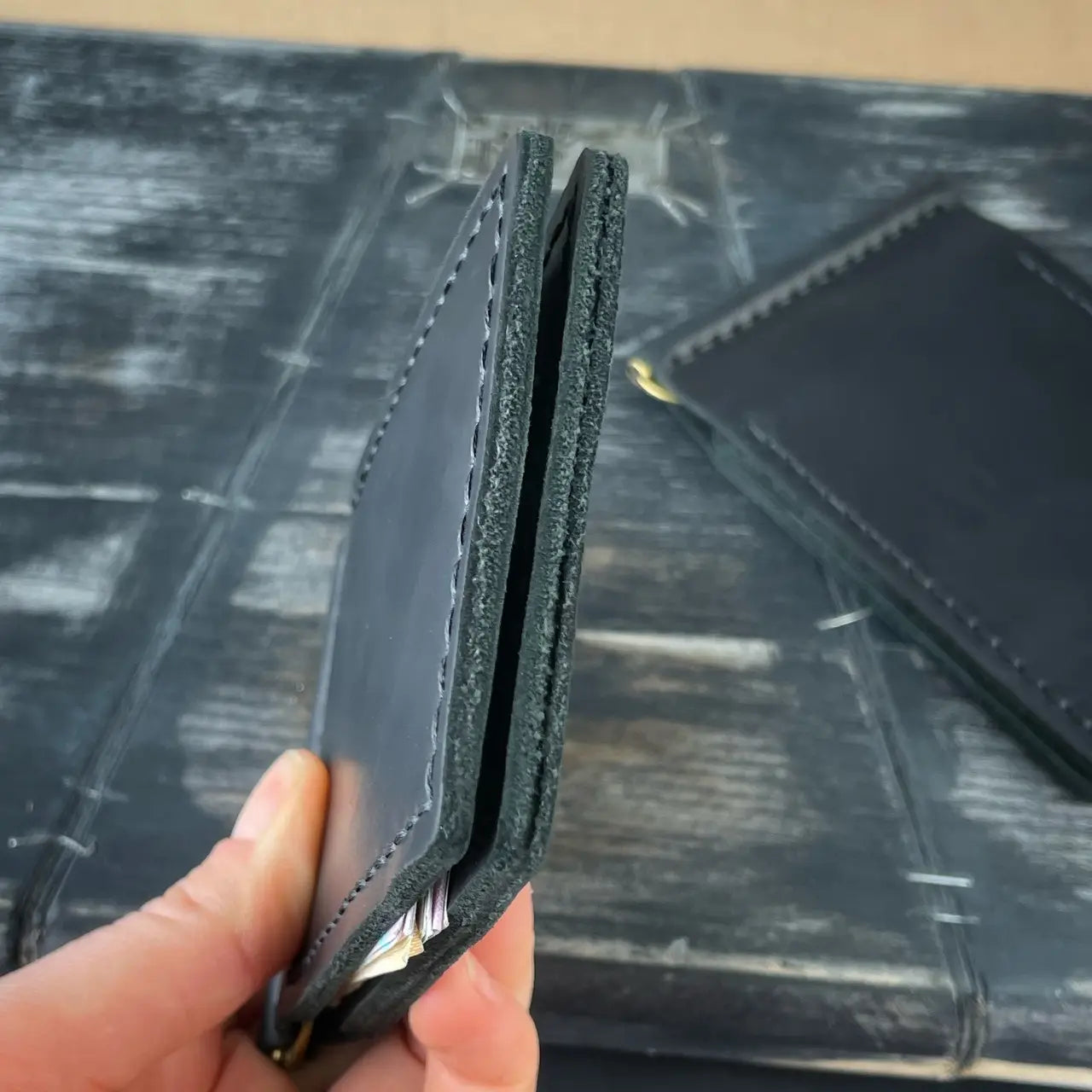 Slim Crazy Horse Leather Money Clip Wallet - Black & Brown
