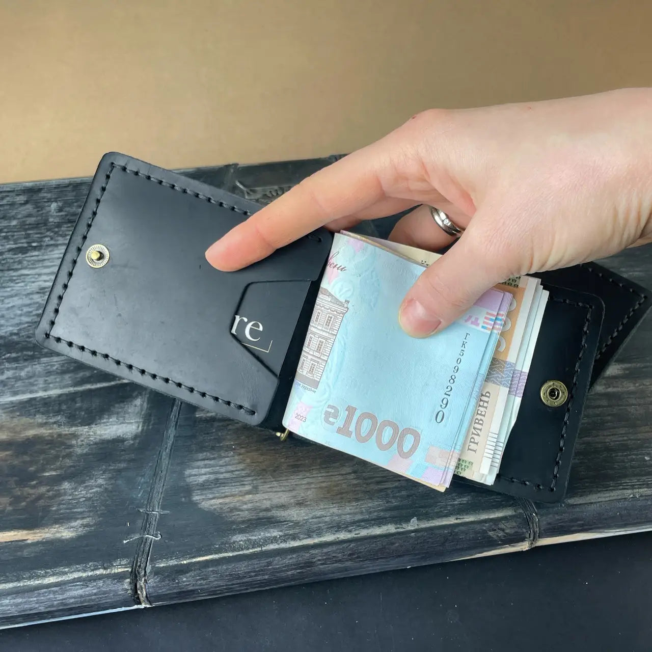Slim Crazy Horse Leather Money Clip Wallet - Black & Brown