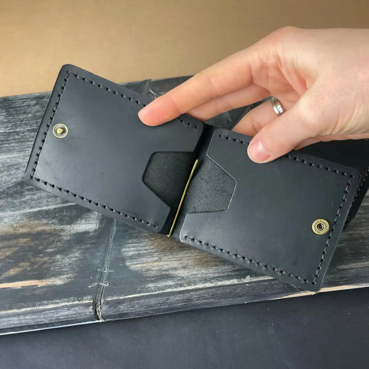 Slim Crazy Horse Leather Money Clip Wallet - Black & Brown