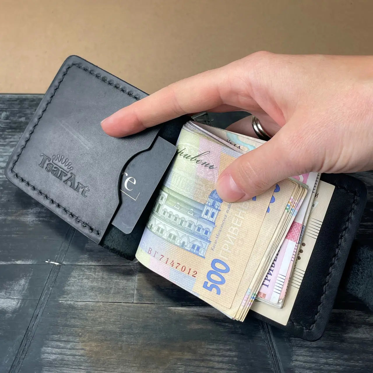 Handmade Leather Money Clip Wallet with Exterior Coin Pocket - Tsar Art