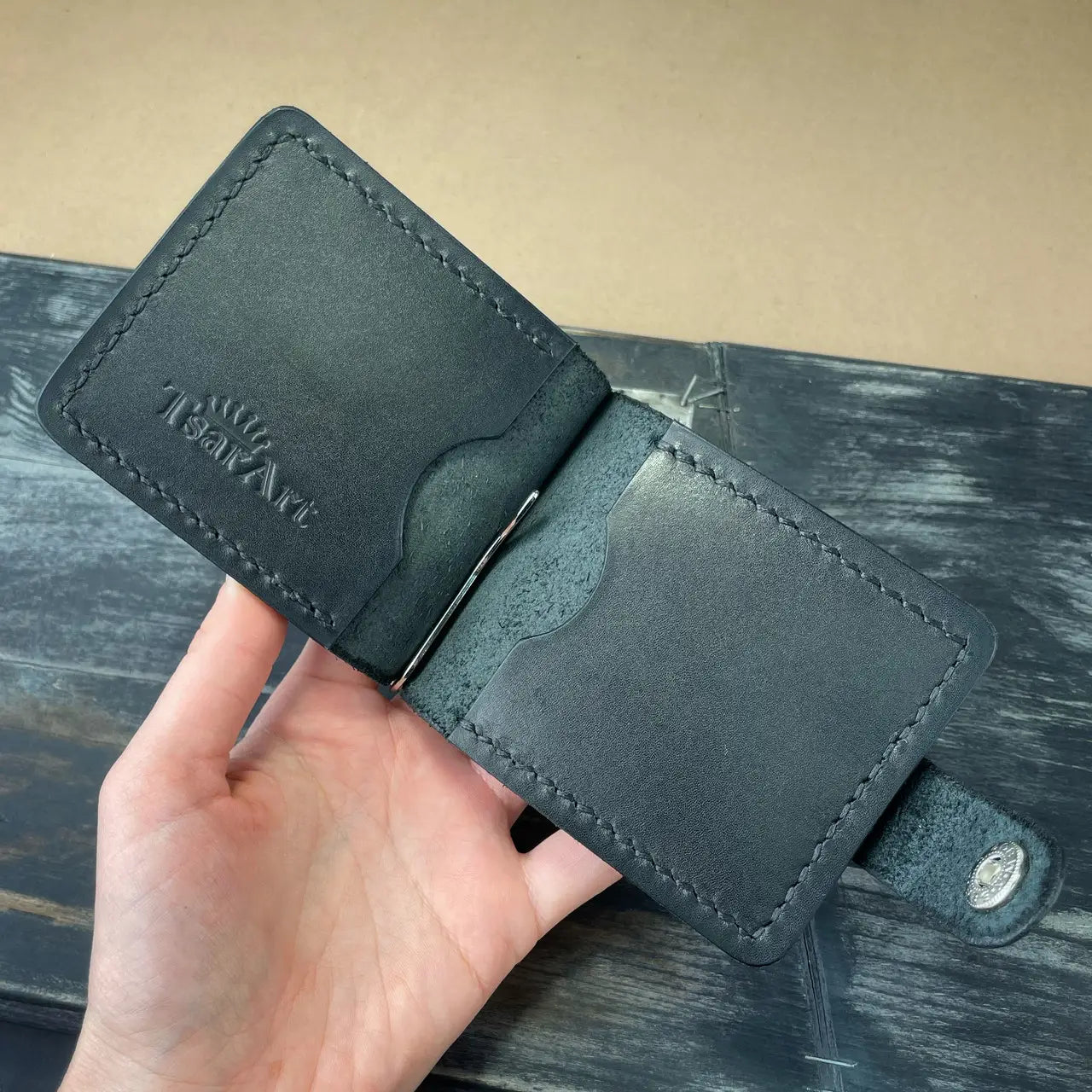 Handmade Leather Money Clip Wallet with Exterior Coin Pocket - Tsar Art