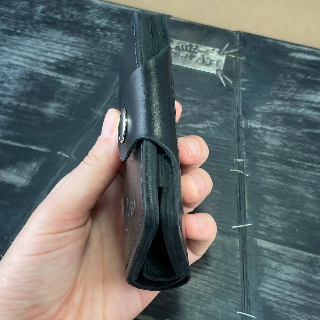 Handmade Black Leather Bifold Wallet "Cube" with Coin Pocket & Snap - Tsar Art (Copy)
