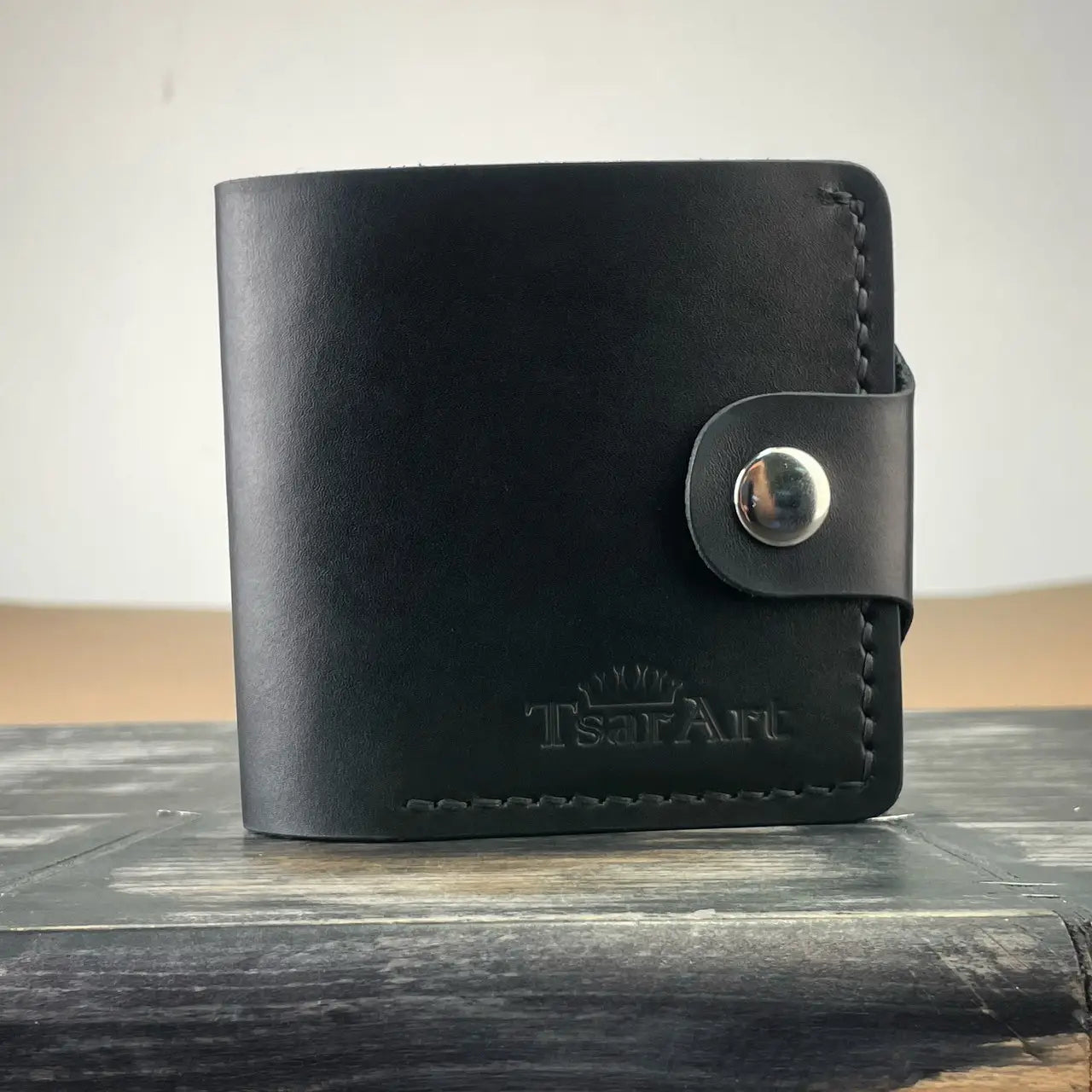 Handmade Black Leather Bifold Wallet "Cube" with Coin Pocket & Snap - Tsar Art (Copy)