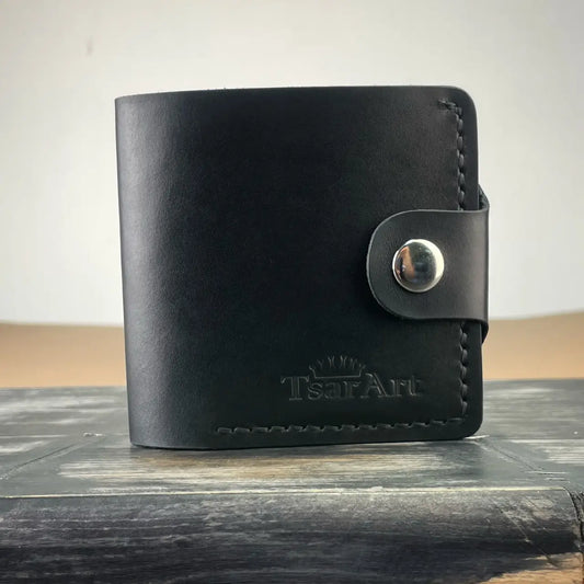 Handmade Black Leather Bifold Wallet "Cube" with Coin Pocket & Snap - Tsar Art (Copy)