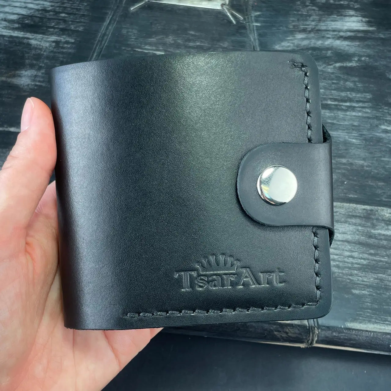 Handmade Brown Leather Bifold Wallet "Cube" with Coin Pocket & Snap - Tsar Art
