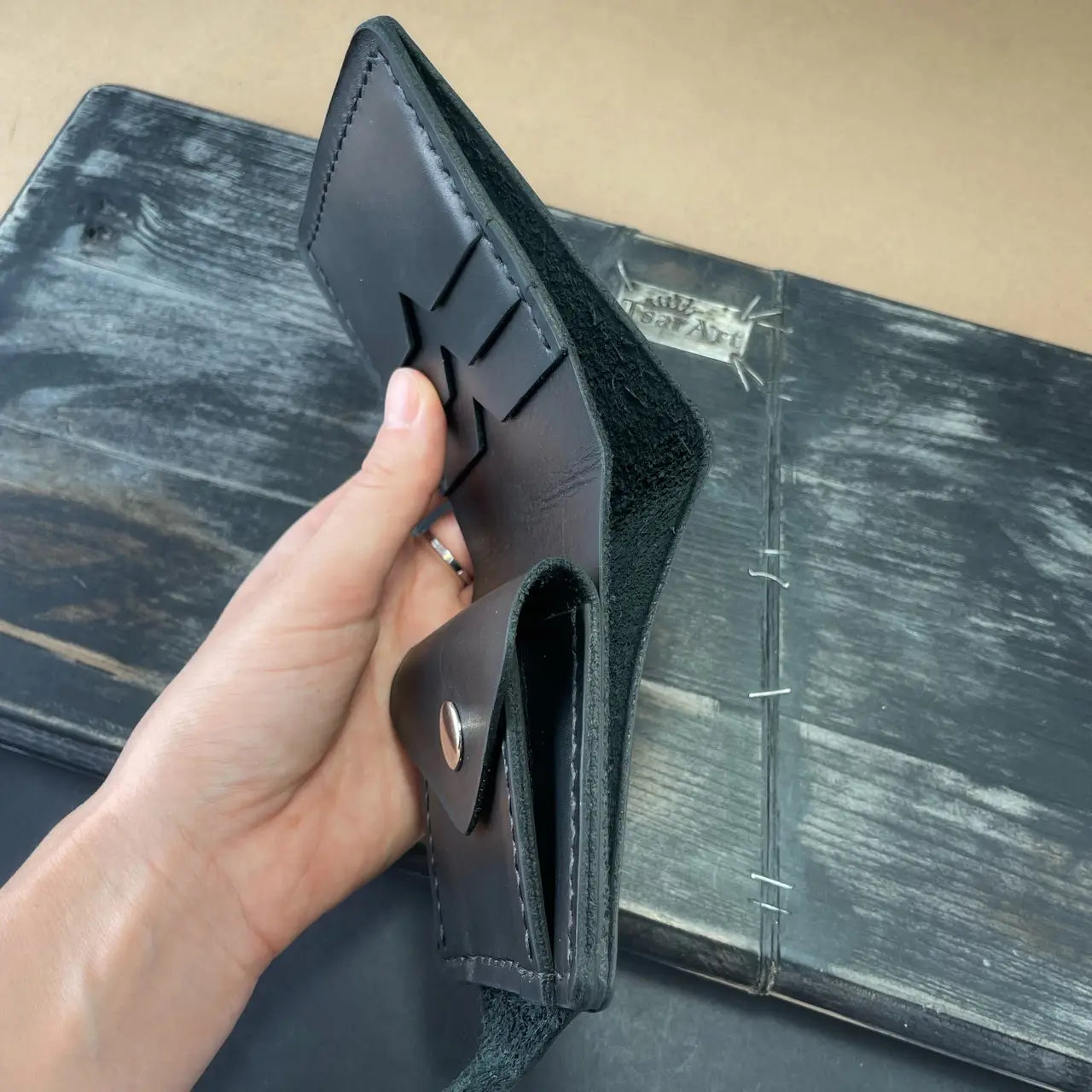 Handmade Black Leather Bifold Wallet "Cube" with Coin Pocket & Snap - Tsar Art (Copy)