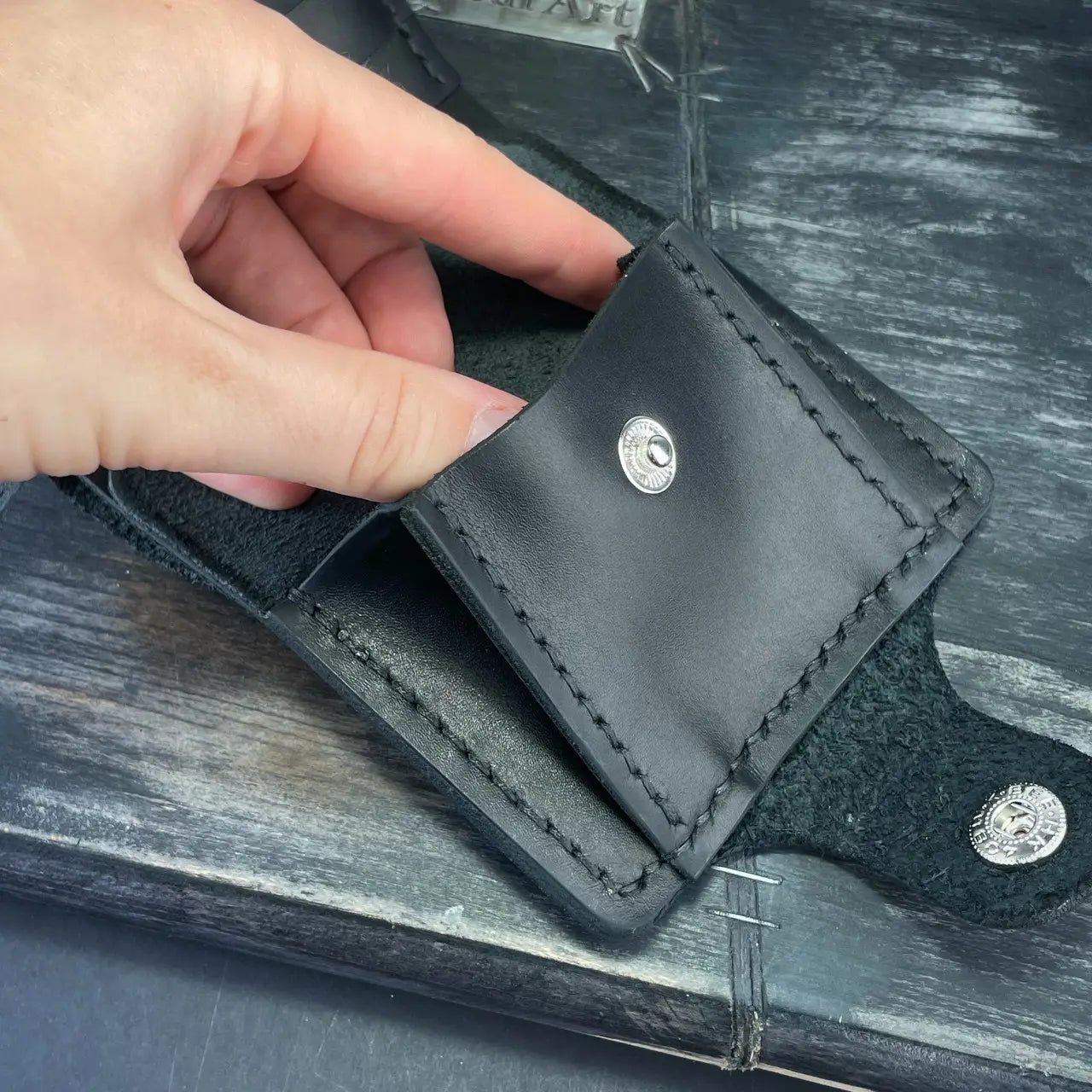 Handmade Black Leather Bifold Wallet "Cube" with Coin Pocket & Snap - Tsar Art (Copy)