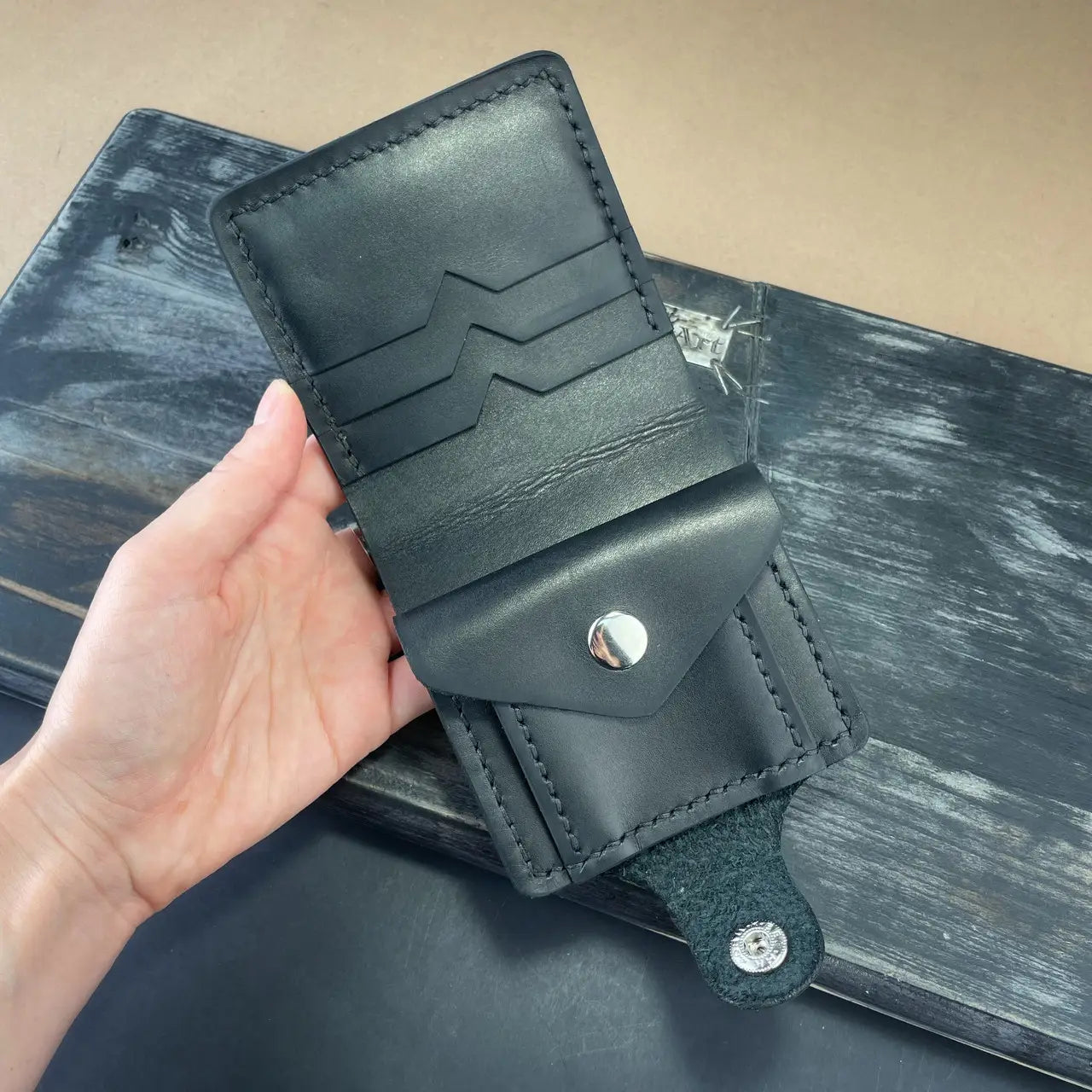 Handmade Black Leather Bifold Wallet "Cube" with Coin Pocket & Snap - Tsar Art (Copy)