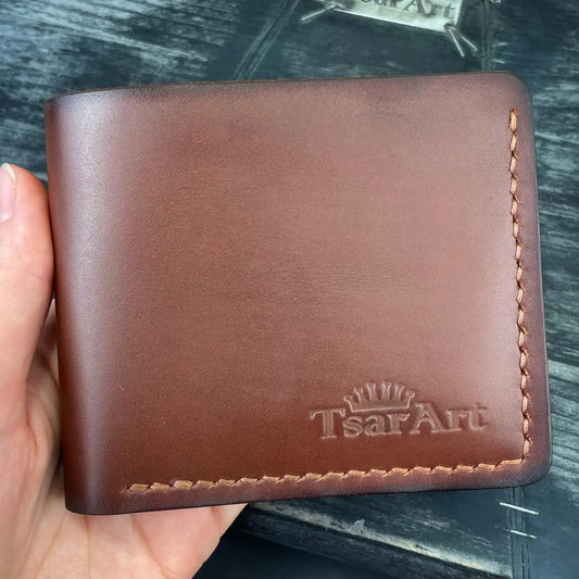 Classic Leather Bifold Wallet Hand Stitched - Minimalist Front Pocket Men's Wallet - Tsar Art