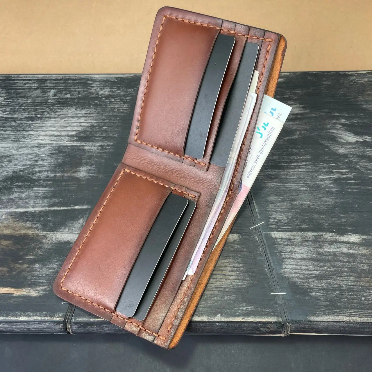 Classic Leather Bifold Wallet Hand Stitched - Minimalist Front Pocket Men's Wallet - Tsar Art