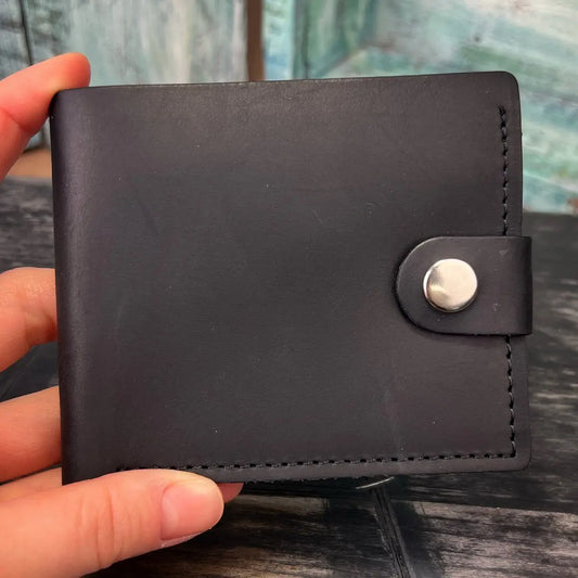 Leather Black Bifold Wallet with Coin Pocket and Snap - Crazy Horse Leather