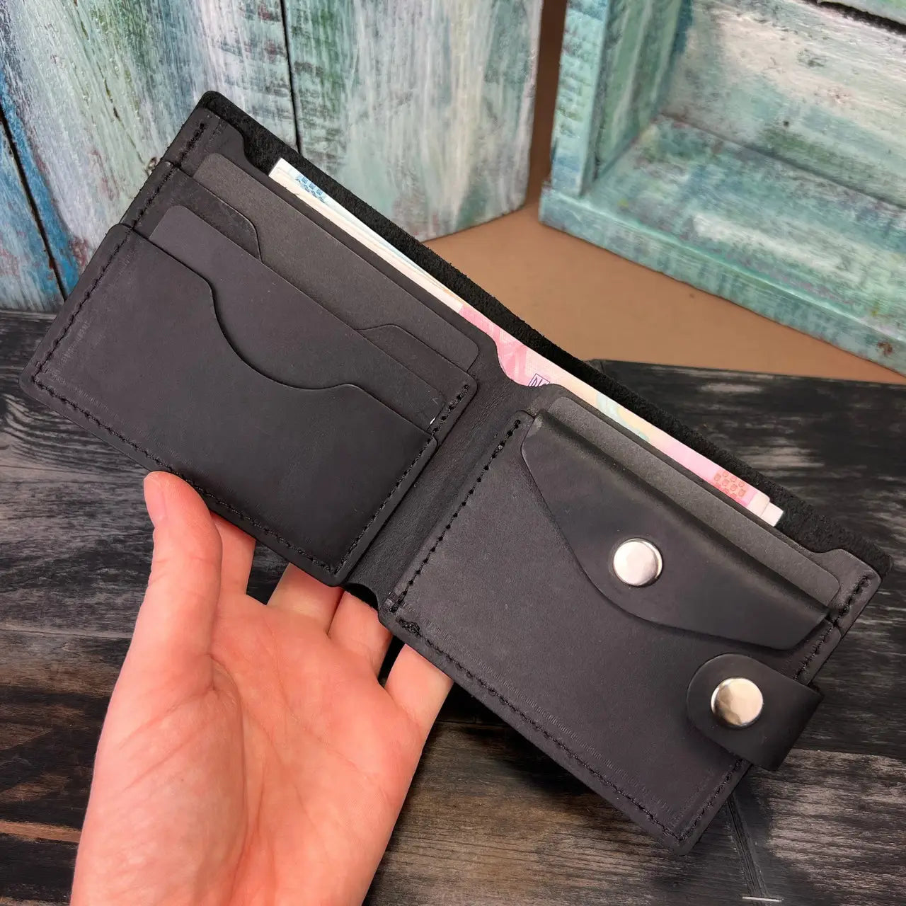 Leather Brown Bifold Wallet with Coin Pocket and Snap - Crazy Horse Leather (Copy)