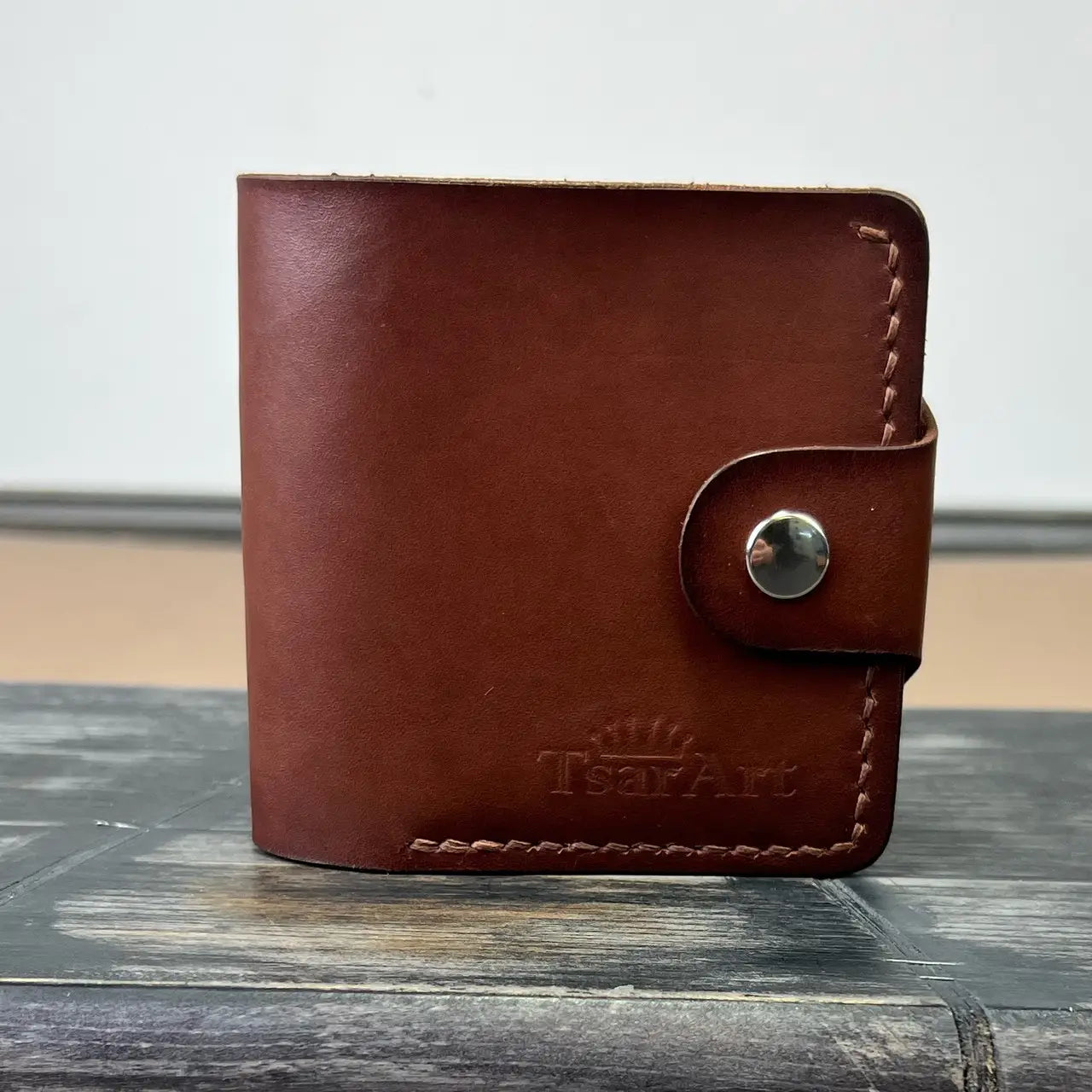 Handmade Brown Leather Bifold Wallet "Cube" with Coin Pocket & Snap - Tsar Art