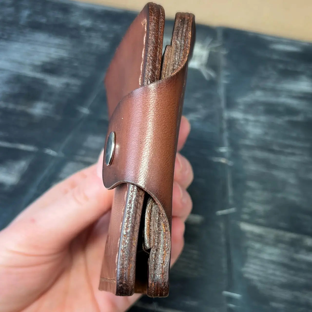 Handmade Brown Leather Bifold Wallet "Cube" with Coin Pocket & Snap - Tsar Art