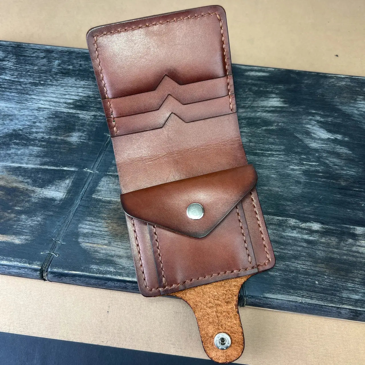 Handmade Brown Leather Bifold Wallet "Cube" with Coin Pocket & Snap - Tsar Art