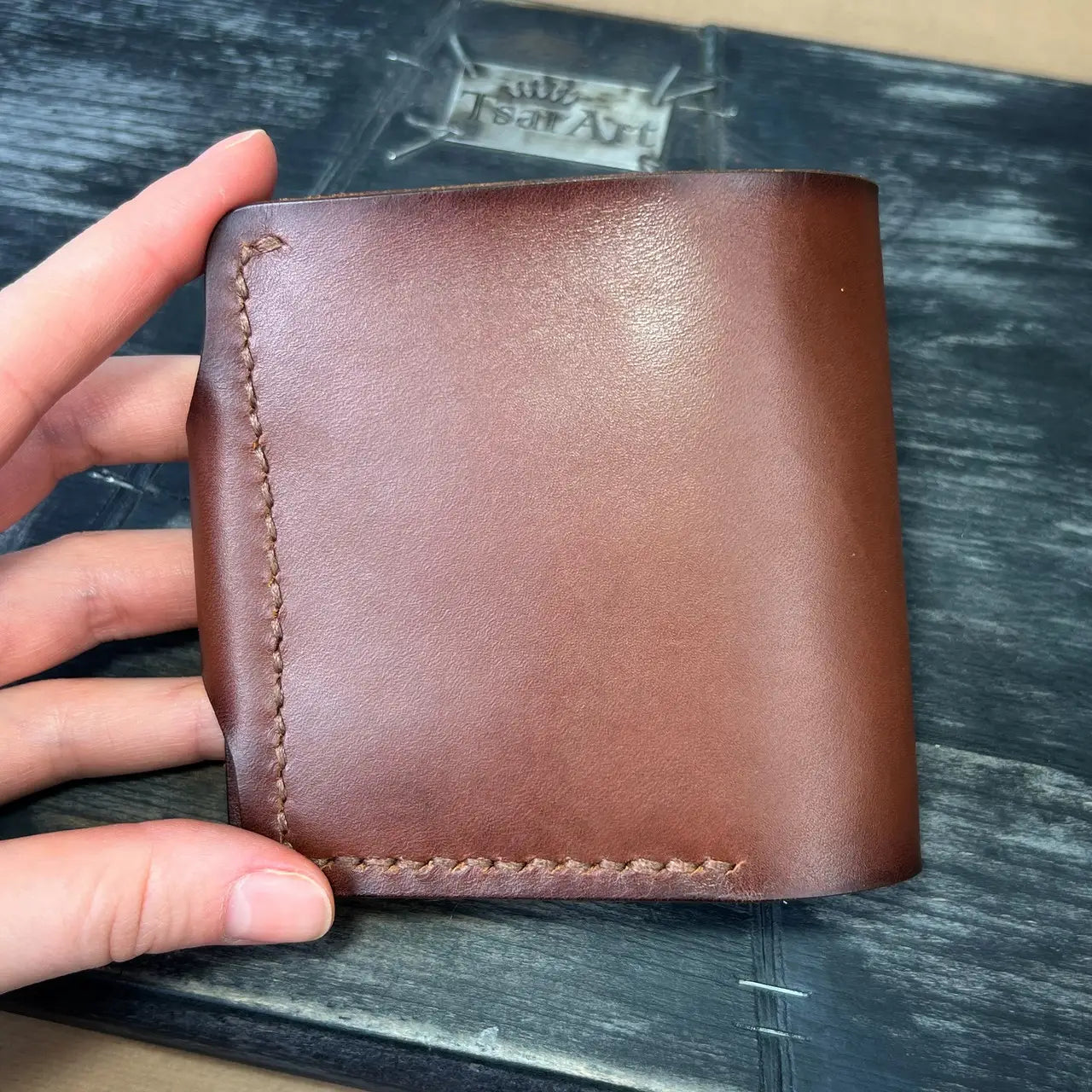 Handmade Brown Leather Bifold Wallet "Cube" with Coin Pocket & Snap - Tsar Art