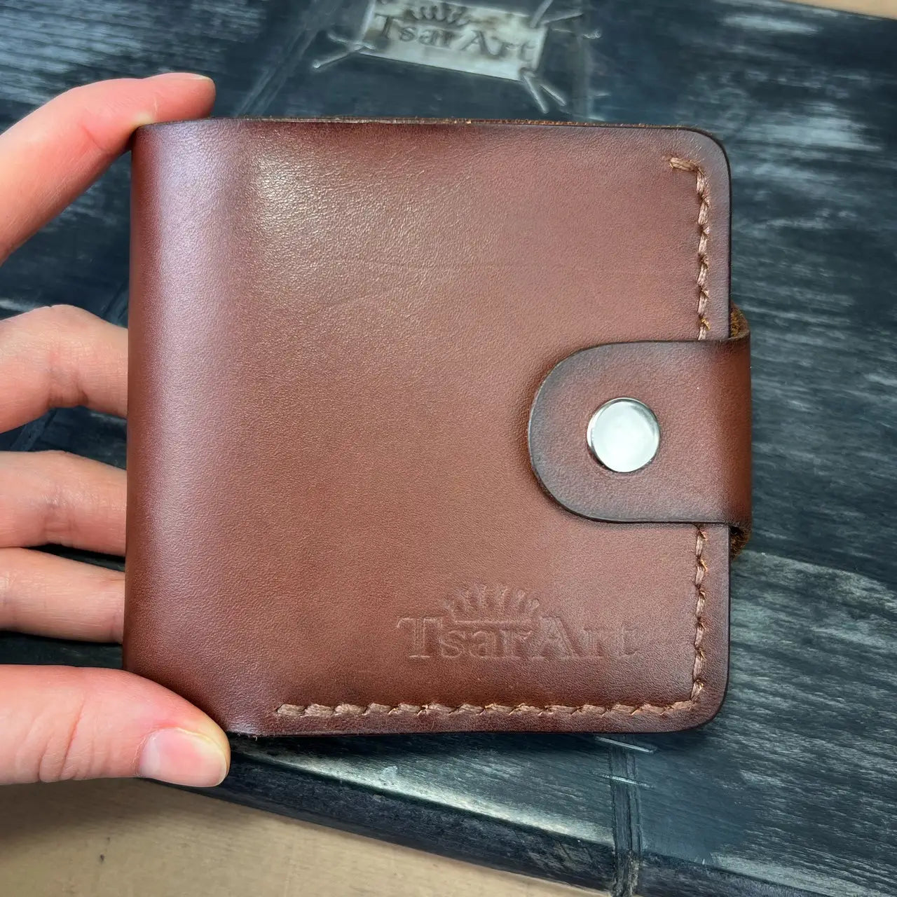 Handmade Brown Leather Bifold Wallet "Cube" with Coin Pocket & Snap - Tsar Art