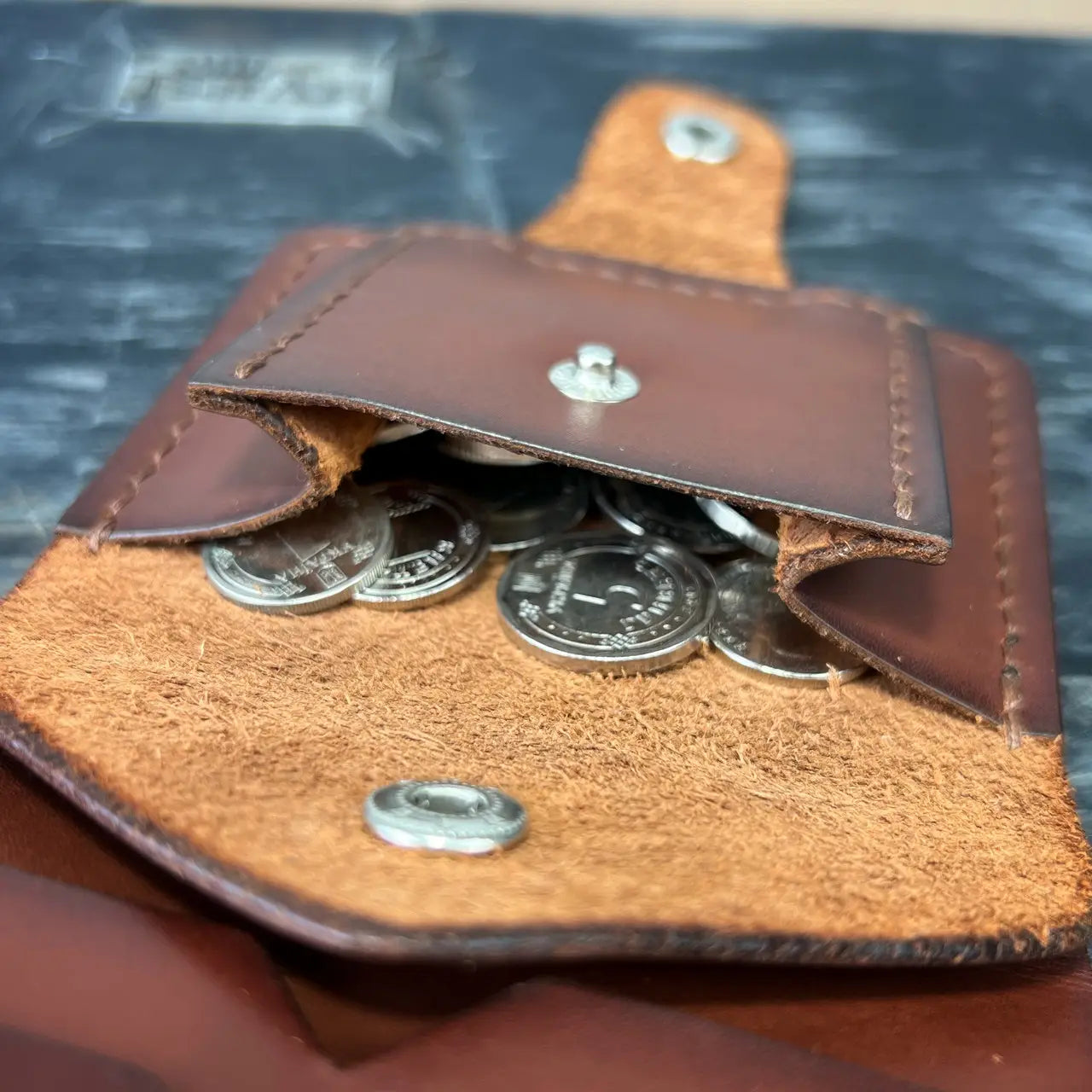 Handmade Brown Leather Bifold Wallet "Cube" with Coin Pocket & Snap - Tsar Art