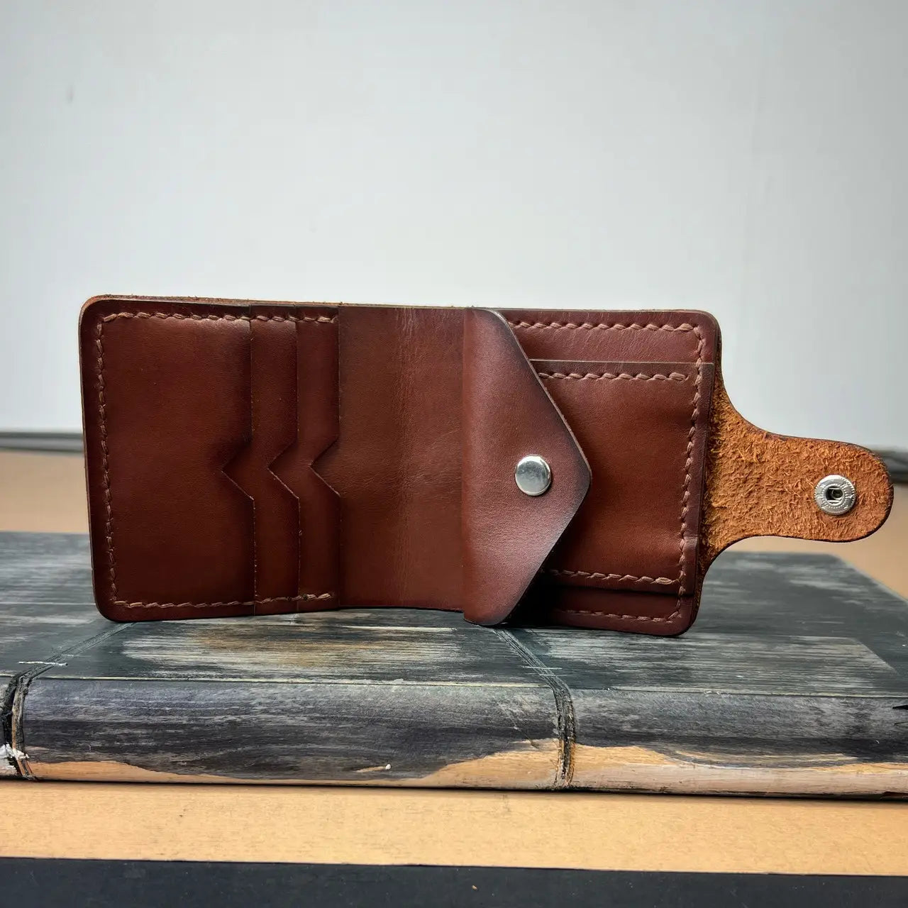 Handmade Brown Leather Bifold Wallet "Cube" with Coin Pocket & Snap - Tsar Art