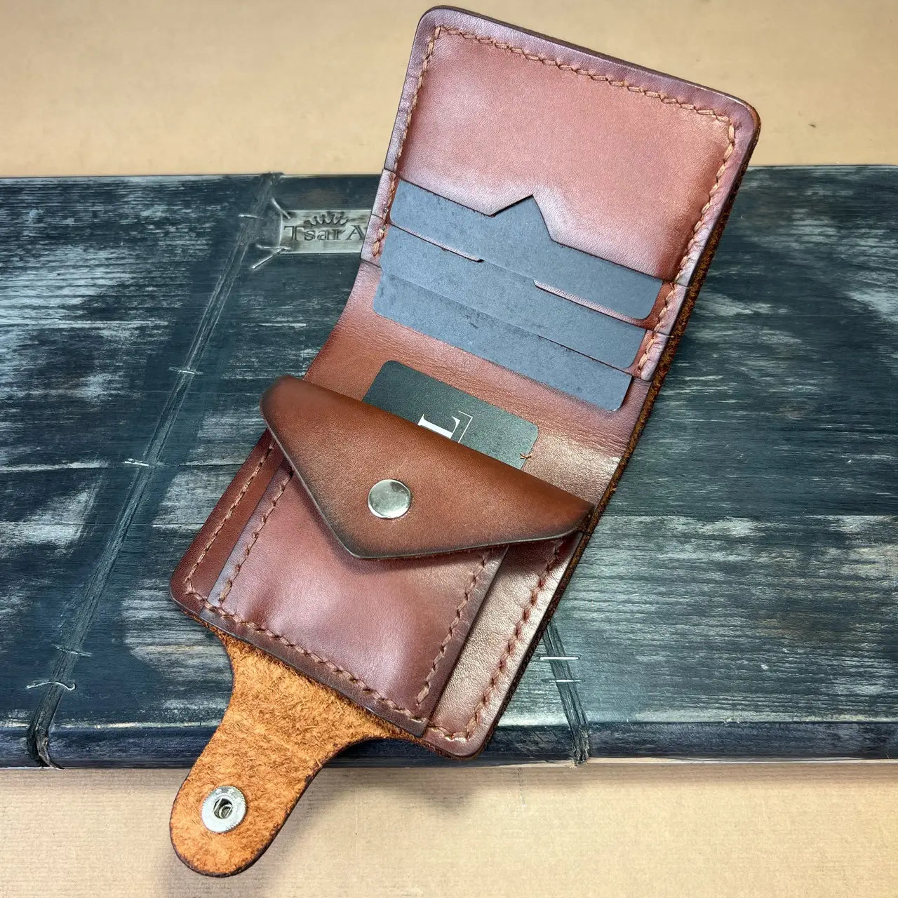 Handmade Brown Leather Bifold Wallet "Cube" with Coin Pocket & Snap - Tsar Art