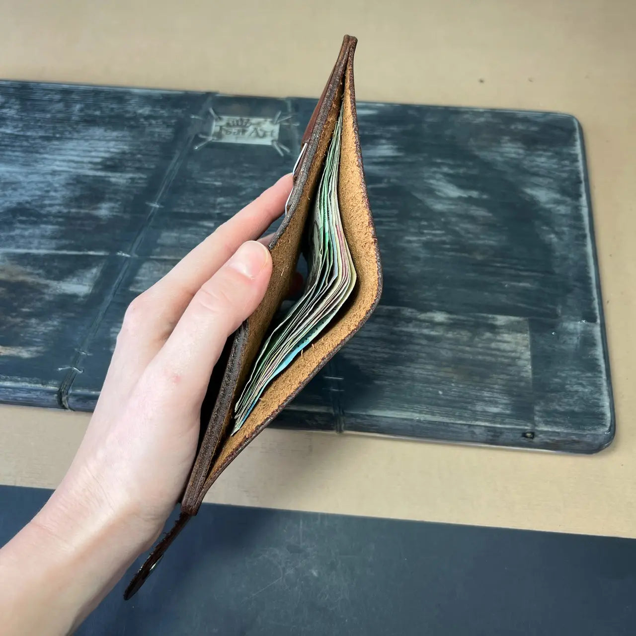 Handmade Brown Leather Bifold Wallet "Cube" with Coin Pocket & Snap - Tsar Art
