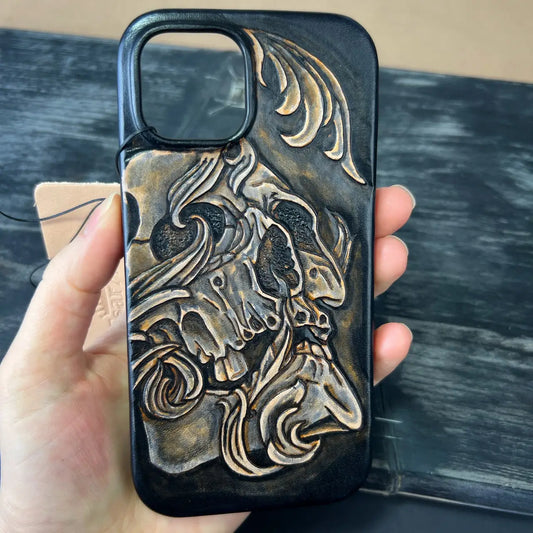 Hand-Carved Leather iPhone 15 Case: Embossed Skull Art