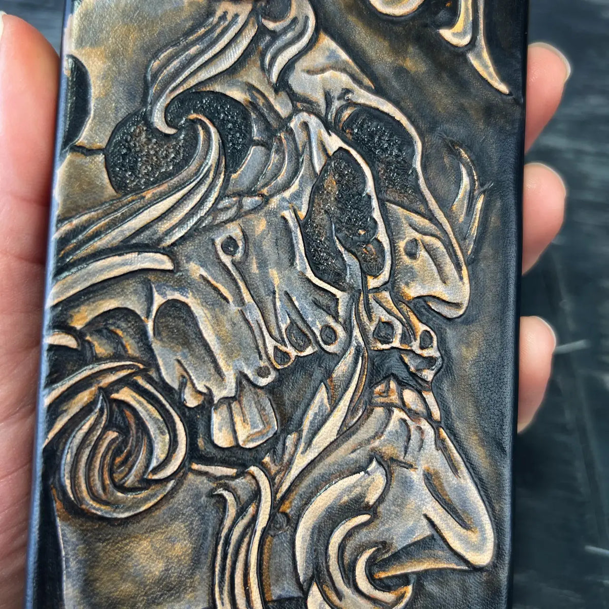 Hand-Carved Leather iPhone 15 Case: Embossed Skull Art