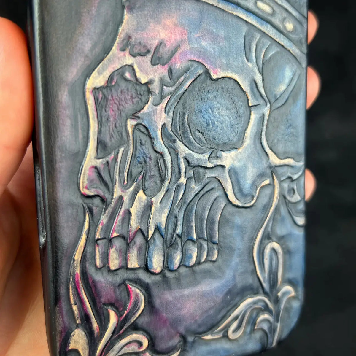 Hand-Carved Leather iPhone 16 Case: Embossed Skull, Alcantara Lined