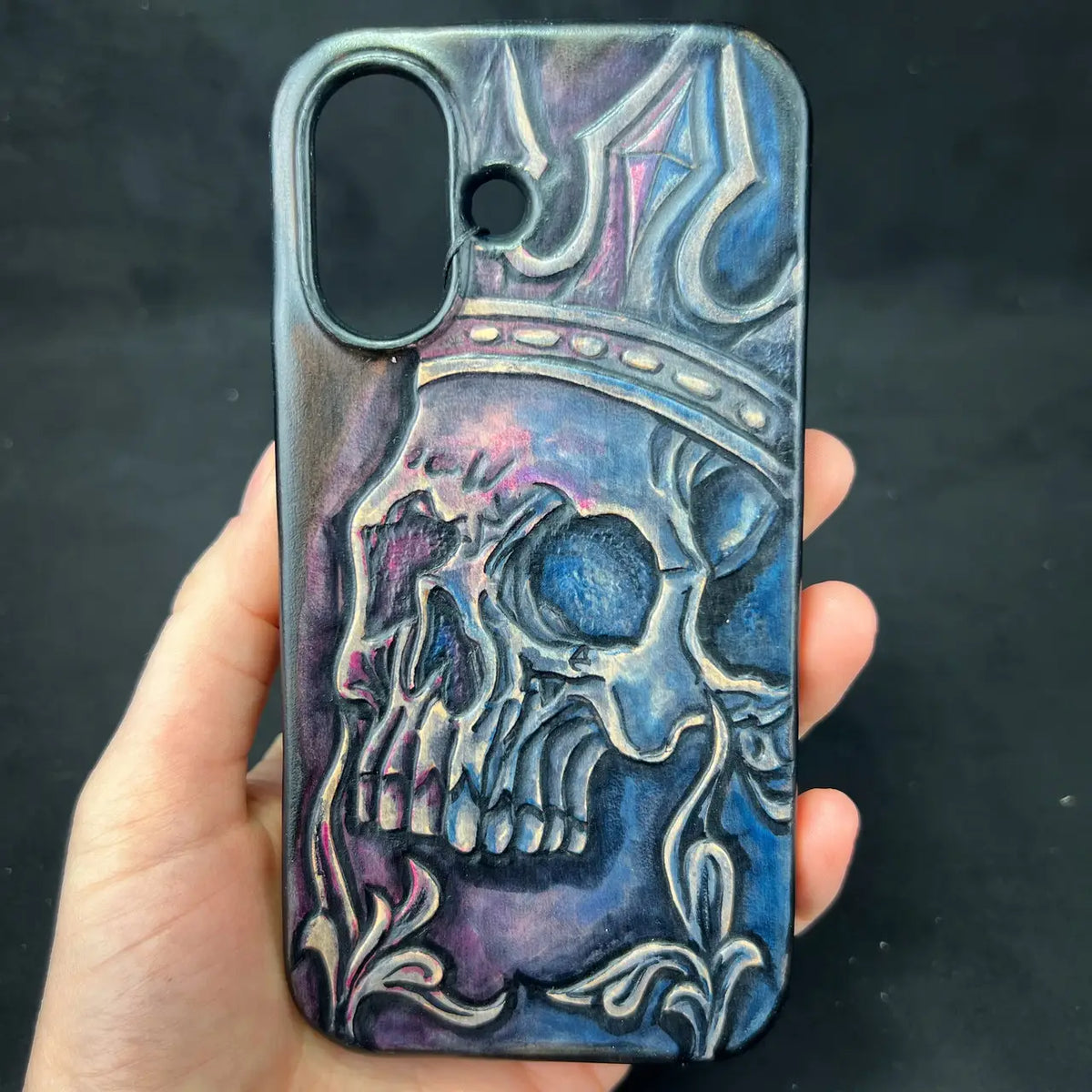 Hand-Carved Leather iPhone 16 Case: Embossed Skull, Alcantara Lined