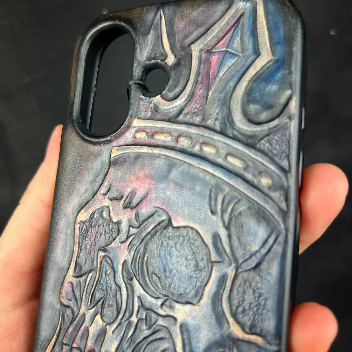 Hand-Carved Leather iPhone 16 Case: Embossed Skull, Alcantara Lined