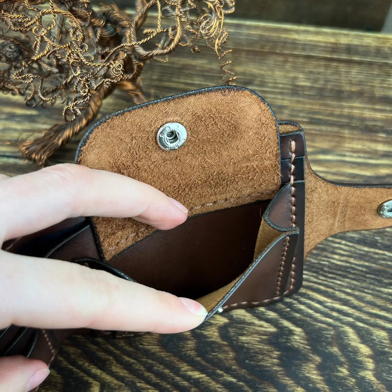 Classic Leather Bifold Wallet with Coin Pocket and Snap Closure - Hand Stitched - Tsar Art