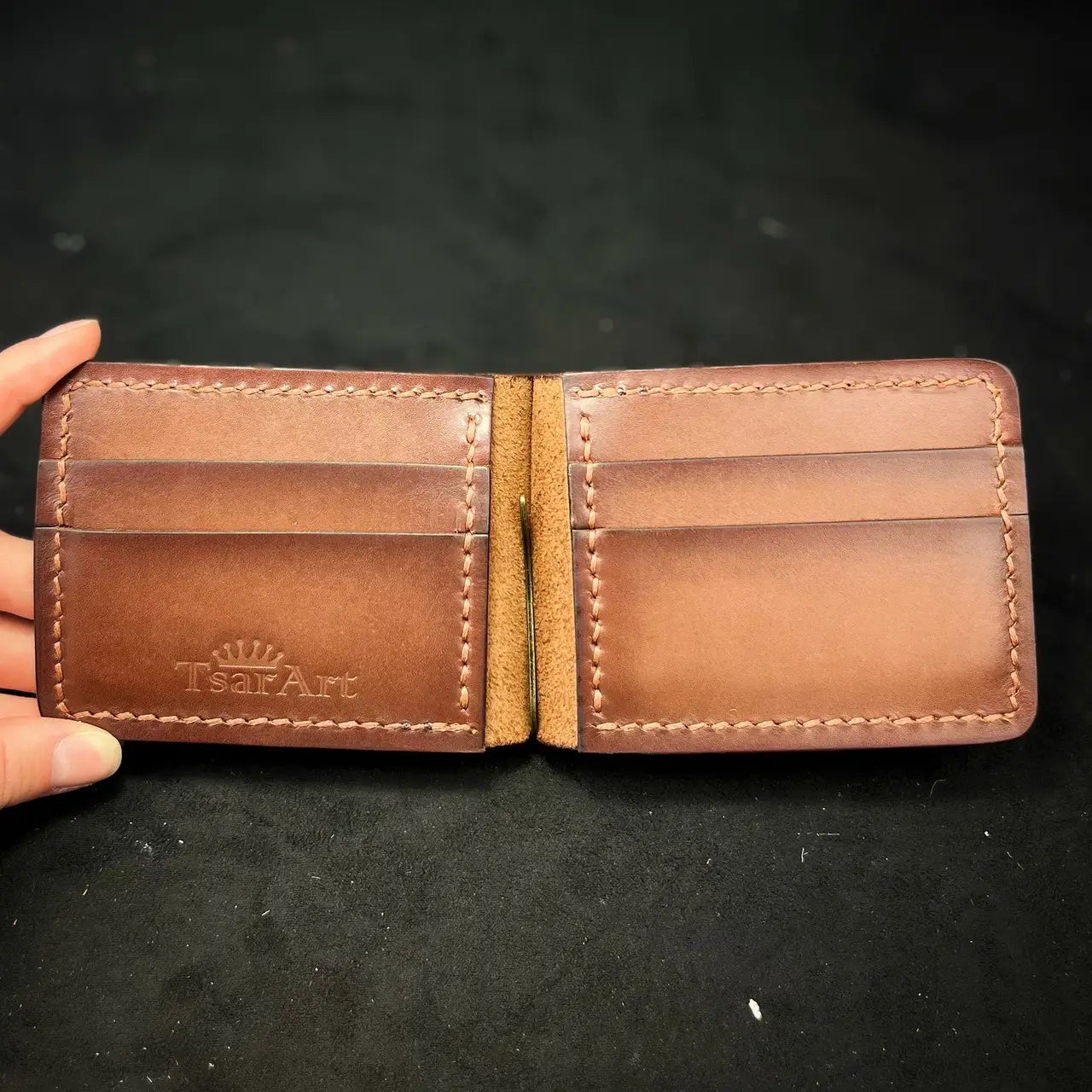 Handmade Leather Money Clip Wallet with Hidden Pockets - Tsar Art