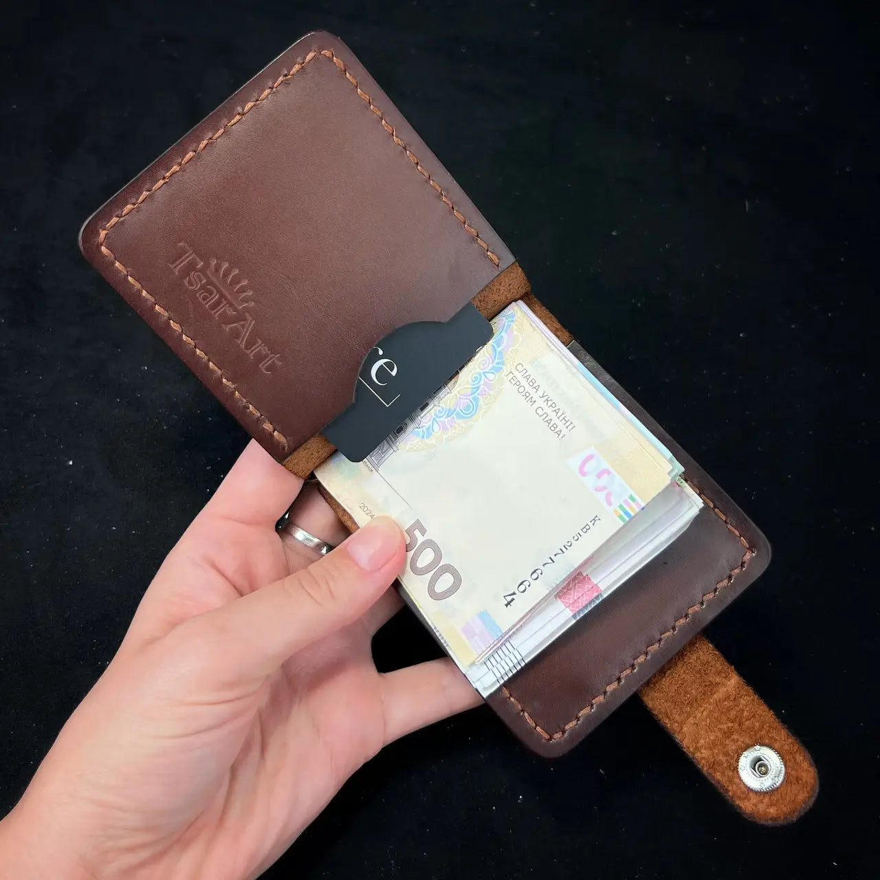 Handmade Leather Money Clip Wallet with Exterior Coin Pocket - Tsar Art