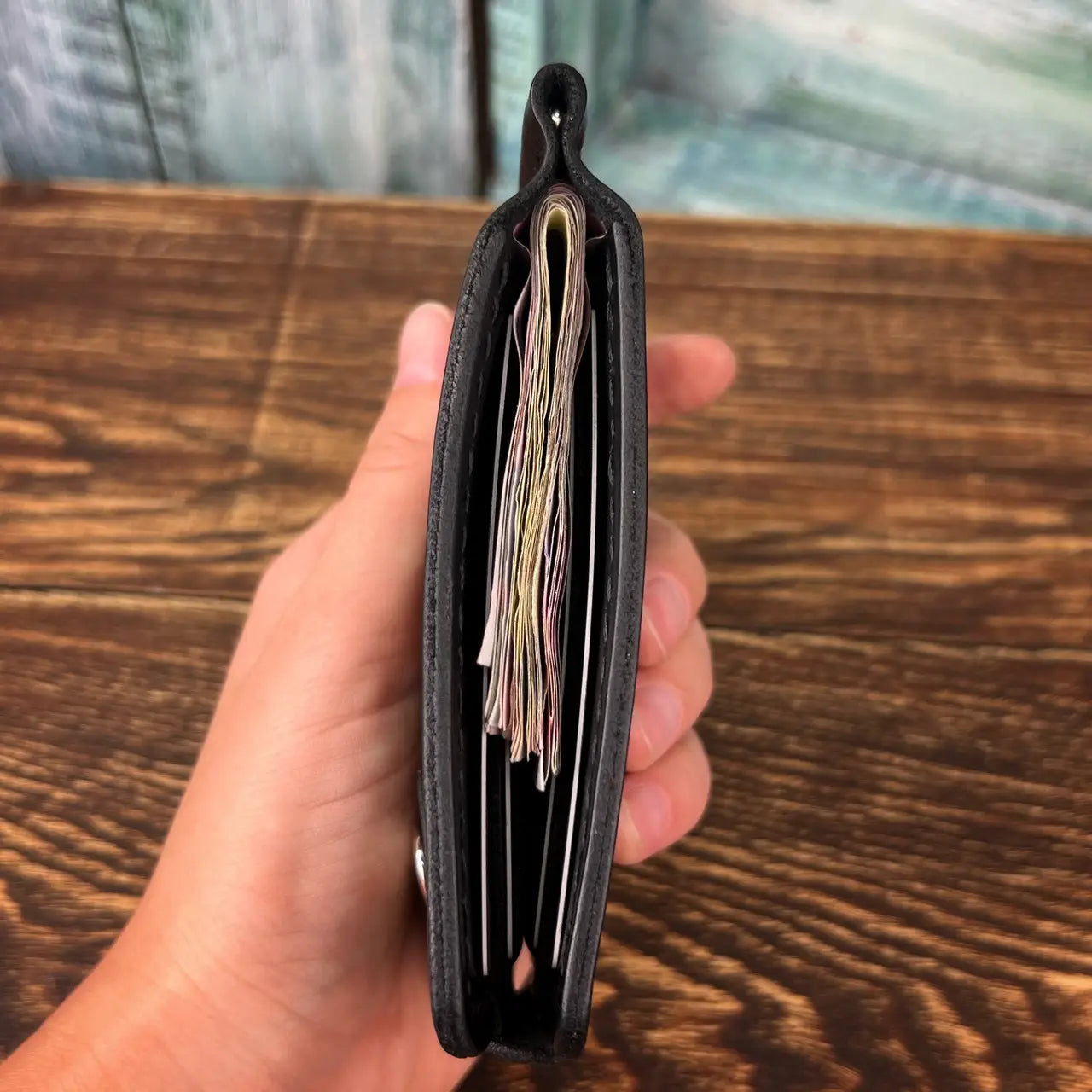 Handmade Leather Money Clip Wallet with Hidden Pockets and Snap Button - Tsar Art