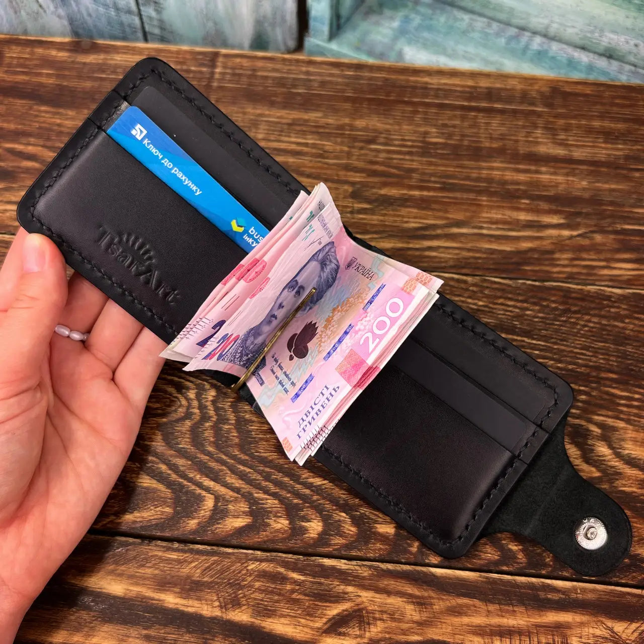 Handmade Leather Money Clip Wallet with Hidden Pockets and Snap Button - Tsar Art
