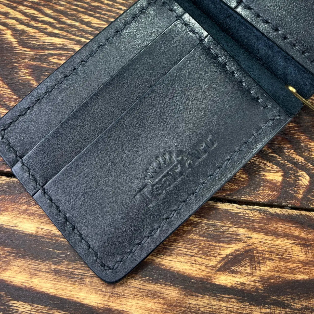 Handmade Leather Money Clip Wallet with Hidden Pockets and Snap Button - Tsar Art