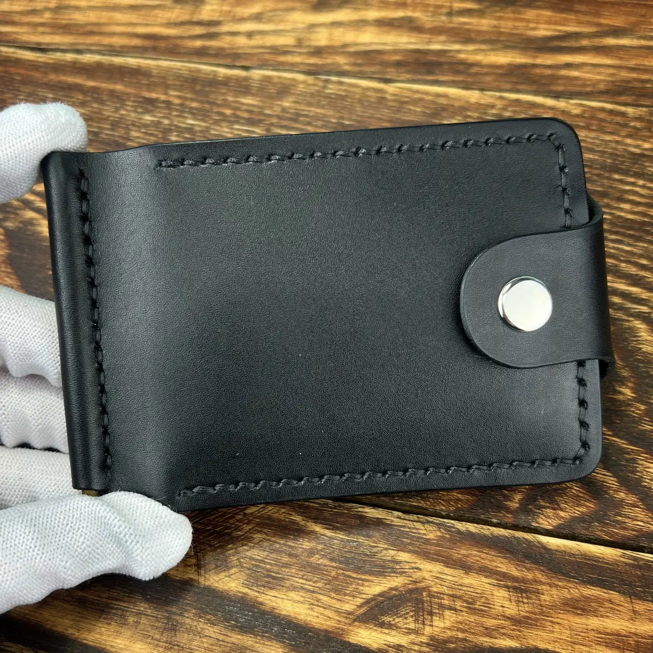 Handmade Leather Money Clip Wallet with Hidden Pockets and Snap Button - Tsar Art
