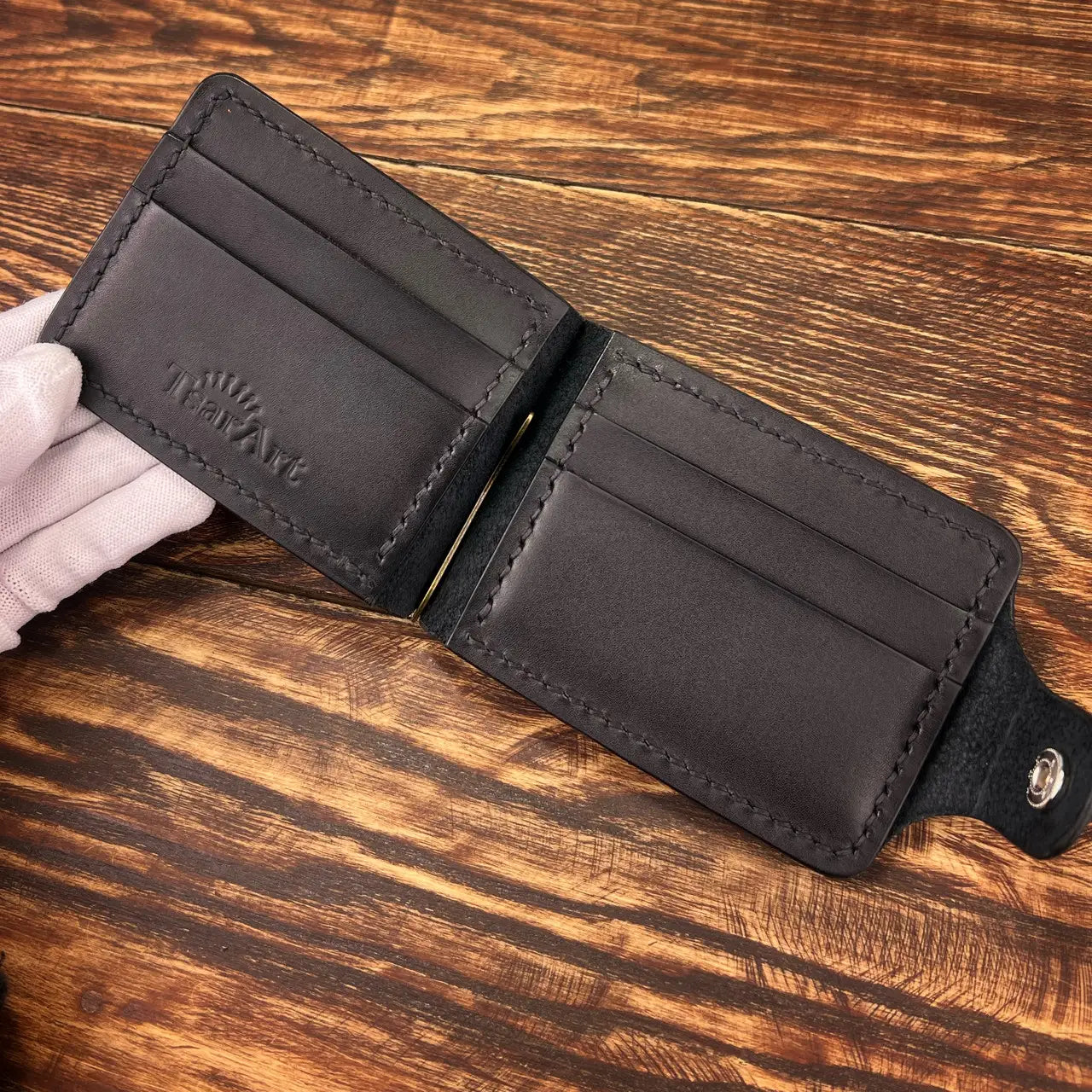 Handmade Leather Money Clip Wallet with Hidden Pockets and Snap Button - Tsar Art