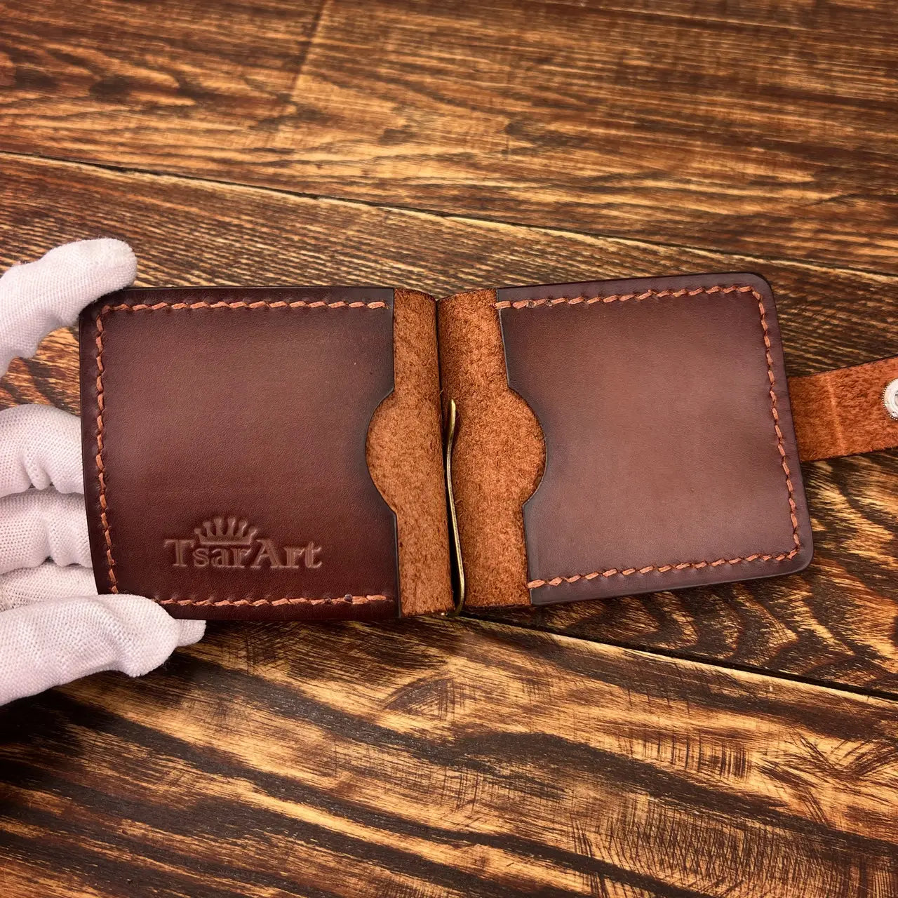 Handmade Leather Money Clip Wallet with Exterior Coin Pocket - Tsar Art