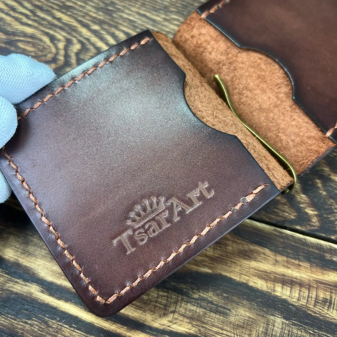 Handmade Leather Money Clip Wallet with Exterior Coin Pocket - Tsar Art