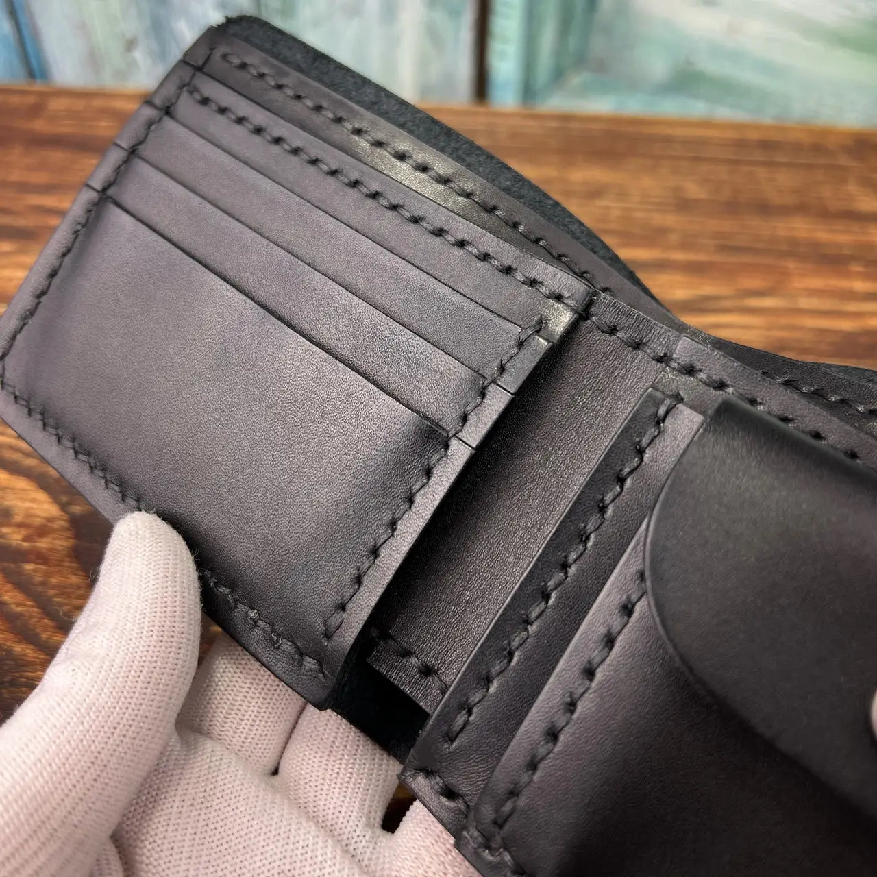 Classic Leather Bifold Wallet with Coin Pocket and Snap Closure - Hand Stitched - Tsar Art