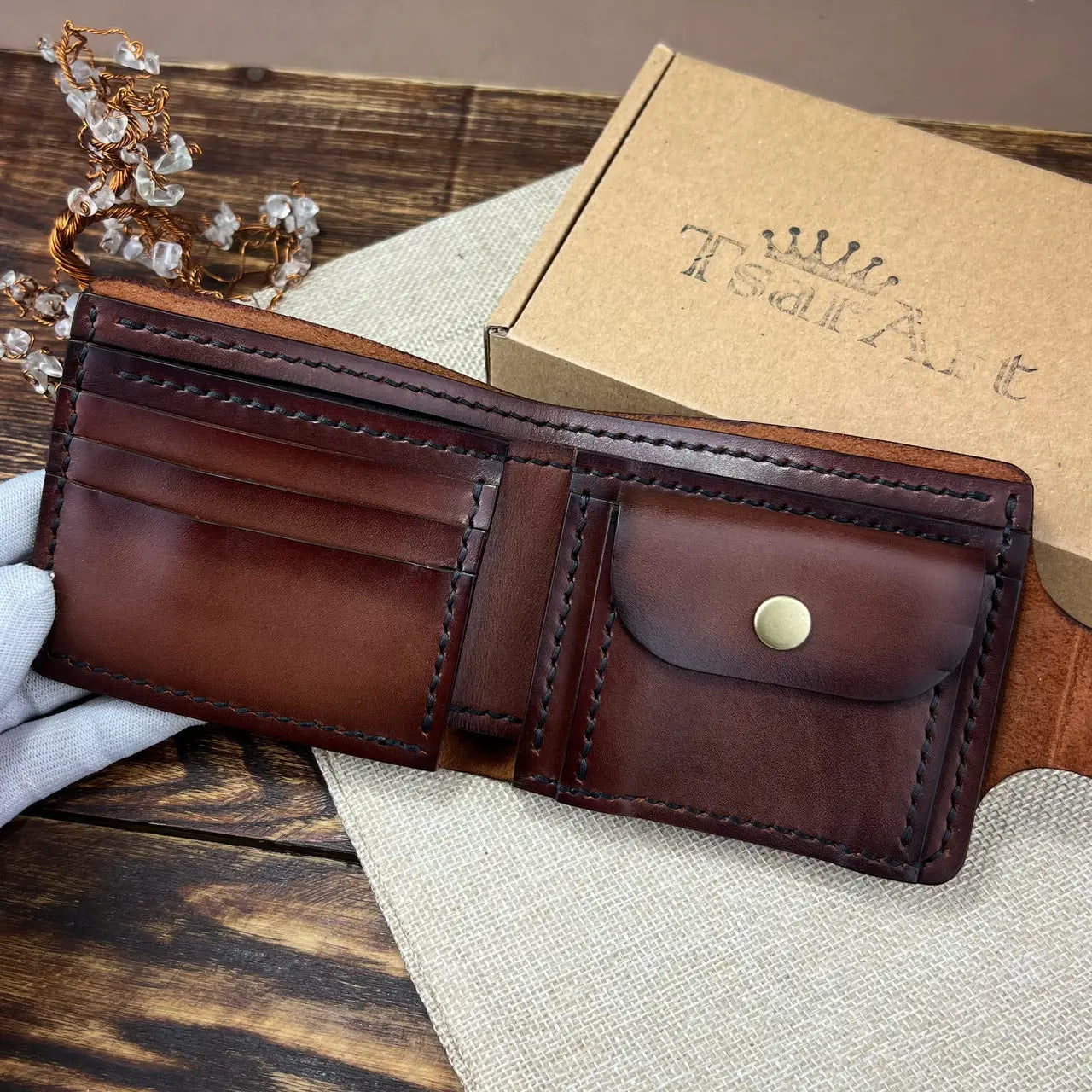 Classic Leather Bifold Wallet with Coin Pocket and Snap Closure - Hand Stitched - Tsar Art