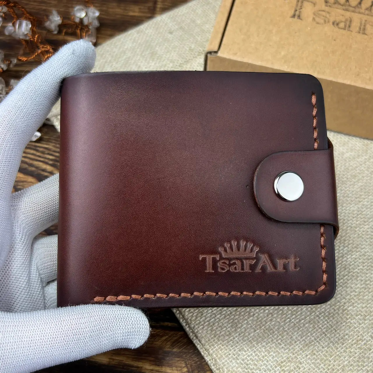 Classic Leather Bifold Wallet with Coin Pocket and Snap Closure - Hand Stitched - Tsar Art