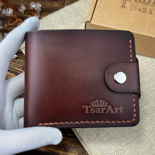 Classic Leather Bifold Wallet with Coin Pocket and Snap Closure - Hand Stitched - Tsar Art